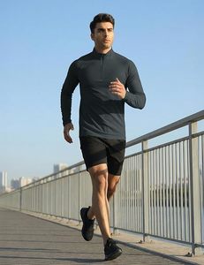 Men's Dark Gray Quarter-Zip Long Sleeve Knitted Polyester Shirt <b>Sweat</b>-Wicking Breathable Quick Dry Sporty <b>Top</b> - Product Image 1