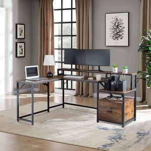 FCH Retro Wood Grain Triamine Surface <b>File</b> <b>Drawer</b> Cabinet L-Shaped Black Iron Pipe 2*USB Port 2*Three Computer Desks - Product Image 3