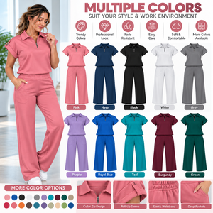 Conjunto de uniforme médico rosa para mujer, de manga corta, cuello alto, pantalón de pierna ancha, de punto de algodón y poliéster, para detección de agujas - Product Image 6