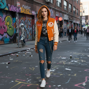 เสื้อแจ็คเก็ตฮู้ดดี้สีส้มสำหรับผู้หญิง ติดกระดุมแป๊กด้านหน้า ปักลายปักแบบกำหนดเอง เสื้อคลุมลำลองสไตล์สตรีทแวร์ - Product Image 6