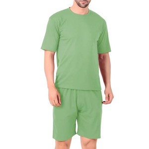 Men's Solid Green Cotton Crew Neck T-Shirt and Shorts <b>Set</b> Print High Street Style Summer Wear Breathable <b>Knitted</b> Fabric - Product Image 6