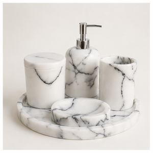 Classic Natural White Marble Bathroom Accessories Set with Tray Handcrafted Soap Dispenser <b>Toothbrush</b> <b>Holder</b> and Soap Dish - Product Image 1