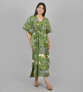 100% Cotton Digital Printed V-neck Kaftan <b>Boho</b> Floral Beach Cover-Up Summer/Spring/Autumn Breathable Quick Dry Drawstring - Product Image 2