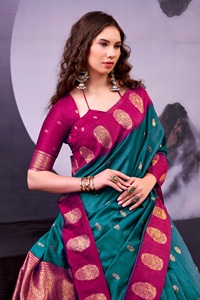 Sari indien traditionnel ethnique à broderies Zari pour les occasions de mariage et les événements festifs, tenue élégante et tendance pour femmes - Product Image 5