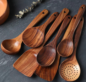 Ensemble d'ustensiles de cuisine en bois d'acacia naturel, compatible avec les ustensiles de cuisson antiadhésifs, spatules et cuillères en bois pour la cuisson - Product Image 6