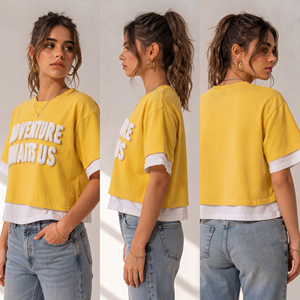 Crew Neck Short Sleeve Double Layer Tee 100% Cotton Puff Print <b>Crop</b> <b>Top</b> Ladies Double Sleeve <b>Crop</b> Tee Short Sleeve Loosed Shirt - Product Image 4