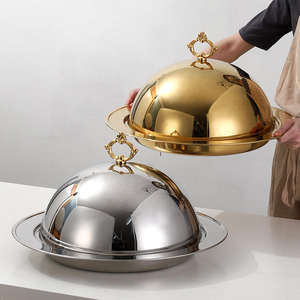 Plateau de service de buffet en acier inoxydable doré poli miroir, plat de luxe pour banquets et traiteurs avec couvercle dôme, vaisselle de restaurant - Product Image 2