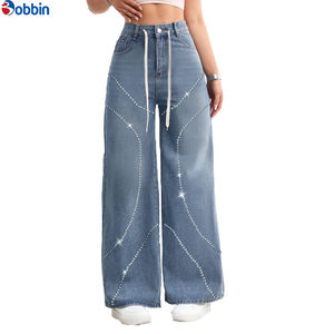 Vaqueros de mezclilla con pedrería para mujer, jeans brillantes con diamantes, estilo vintage, de alta calidad, cintura alta, holgados, de pierna ancha y recta. - Product Image 3