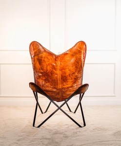 Fauteuil papillon vintage de luxe en cuir tanné avec structure en métal noir, fauteuil d'appoint moderne fait main pour la décoration du salon - Product Image 3