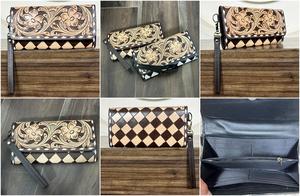 Cartera de Mano de Cuero Vacuno Genuino Hecha a Mano con Diseño Floral Grabado y Tejido, con Cremallera y Ranuras para Tarjetas para Mujer - Product Image 3