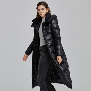 Long Quilted Hooded Winter Jacket Women Black Full Sleeve Adjustable Waist Thick Puffer <b>Coat</b> With Belt Solid Color - Product Image 5