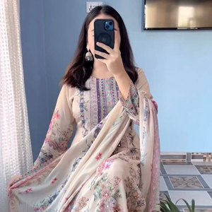 Conjunto de Salwar Kameez de Muselina de 3 Piezas Listo para Usar, Anarkali Kurta Pant, Vestido Largo Tradicional Diwali con Estampados Florales Vibrantes de Poliéster - Product Image 5