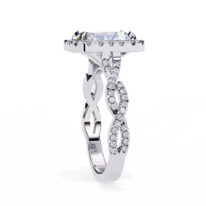 Anillo de compromiso con halo de diamante cultivado en laboratorio de corte radiante de 3.00 quilates, con tallo pavé de retorcido infinito y banda nupcial simbólica de oro bicolor. - Product Image 1