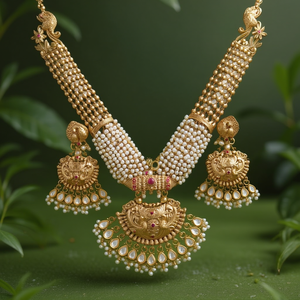 Classic Gold Plated Pearl Kundan Bridal Jewelry Set with Earrings - Product Image 3