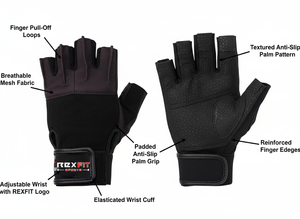 Gants de sport demi-doigts RHINO FITNESS noirs avec sangle de poignet réglable et fermeture auto-agrippante pour la musculation, unisexe, respirants et antidérapants - Product Image 5