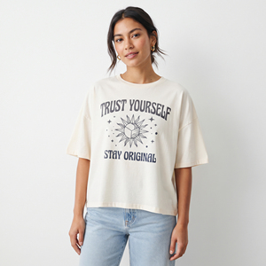 T-shirt ample pour femme, décontracté, 100% coton, col rond, épaules tombantes, imprimé, coupe carrée, léger, 230 GSM, t-shirts carrés pour femmes - Product Image 1