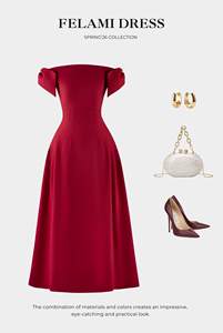 Vestido de noche clásico rojo con hombros descubiertos y falda acampanada para mujer |   Vestido Felami para Invitadas de Boda o Graduación |   LAVIEM - Product Image 6