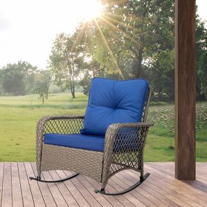 Sedia a Dondolo in Rattan Grigio Stile Moderno con Cuscino Blu e Schienale in Acciaio Inox - Per Uso in Giardino - Product Image 4
