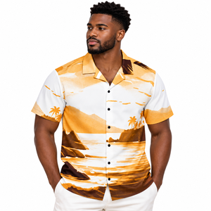 Chemise hawaïenne tropicale pour homme, blanche, dorée et marron, à imprimé paysage de plage, à manches courtes, boutonnée, pour les vacances à la station balnéaire, l'été et les loisirs en camping - Product Image 2