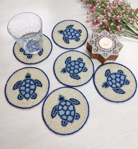 Colorful <b>Beaded</b> Round Drink <b>Coasters</b> Handmade Bohemian Fabric Mats with Embroidered Bow Design Table Decor - Product Image 4