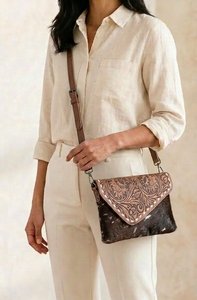 Vintage Floral Embossed Genuine Leather Shoulder Bag Crossbody Purse Cowhide Accent Flap <b>Wallet</b> Preppy Anti-Theft for Daily Use - Product Image 4