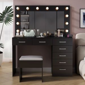 Large Lighted 12 LED <b>Mirror</b> Makeup Vanity Desk Set with 7 Drawers Glass Top Vanity <b>Table</b> with Power Outlet - Product Image 1