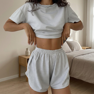 OEM ODM Custom Logo Women's Two Piece Strapless Casual Short <b>Set</b> Solid <b>Knitted</b> Polyester Cotton Summer Fashion Crop Wide Leg - Product Image 3