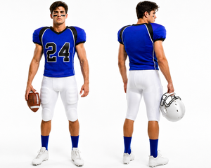 American Football Jersey Set Blue V-Neck <b>Mesh</b> 24 Number <b>Short</b> Sleeve With White Pants Moisture Wicking Adult Men's Apparel - Product Image 2