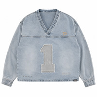 Üniversite Logolu Yıpranmış Yama Numaralı Taşlanmış Kot Jersey Bol Kesim Retro 90'lar Kaykay Unisex V Yaka Günlük Çevre Dostu Kazak