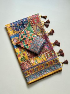 Sari en soie royale Maharani Dola avec broderie miroir et artisanat Aari, design jacquard de luxe - Sari traditionnel pour mariage et fête pour femmes, toutes saisons - Product Image 3