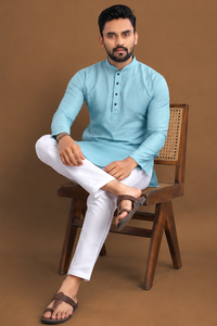 <b>Men's</b> Light Blue Cotton <b>Kurta</b> White Churidar Pants Traditional Indian Ethnic Wear Regular Fit Knee-Length Wedding Graduation XL - Product Image 2