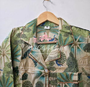 Conjunto de Pijama de Algodón Puro Tejido a Mano con Estampado de Palmeras Tropicales y Arquitectura Herencia, Elegante, de Manga Larga y Cuello Camisero - Product Image 4