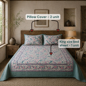 Jaipur Hand <b>Block</b> Printed Pure Cotton Indian Boho White Floral <b>Bed</b> Sheet Set King Size 200TC Non Toxic Dyes Classic Style 200TC - Product Image 6