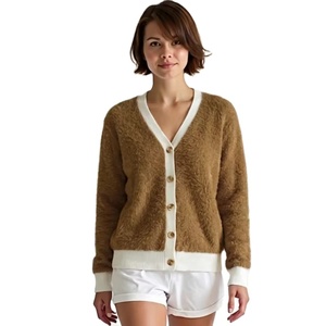 Cardigan d'hiver sur mesure OEM ODM pour femme, pull tendance en jacquard duveteux à manches longues, tricot chaud décontracté en nylon à col en V - Product Image 3