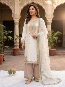 Conjunto de 3 piezas de kurta recta color crema de moda, traje palazzo, ropa india y pakistaní para bodas y fiestas, salwar kameez de seda, ropa festiva elegante. - Product Image 4
