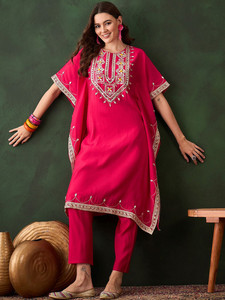 Women's Pink Kaftan Embroidered <b>Silk</b> <b>Kurta</b> Set With Trouser Traditional Loose Fit Knee Length Casual Wear India Pakistan Style - Product Image 3