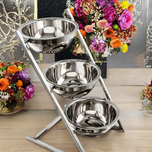 Decorative Vintage Stainless Steel 3-Tier Bowl and <b>Plate</b> <b>Stand</b> Portable Buffet Raiser with Lids - Product Image 2
