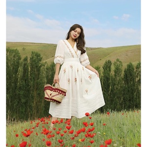 <b>White</b> Embroidered Cotton Midi Dress Flattering V-neckline and puffed Mid-Length Sleeves Floral Embroidery Long Dress - Product Image 1