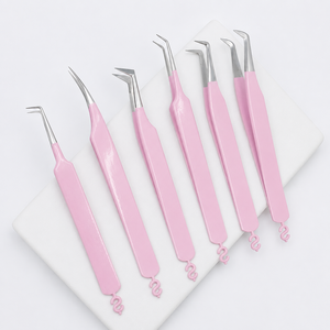 Ensemble de pinces à cils en acier inoxydable personnalisées de qualité supérieure, pointe inclinée rose, applicateur de cils, outils professionnels durables - Product Image 3