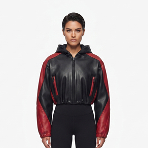 Women Fashion Pu Leather Crop Hoodie Girls <b>Zip</b>-<b>Up</b> Leather <b>Cropped</b> Hood Women Leather Short Length Hoodie - Product Image 6
