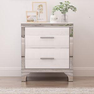 Elegant High Gloss Nightstand with Metal Handle <b>Mirrored</b> <b>Bedside</b> Table with 2 Drawers for Bedroom or Living Room - Product Image 3
