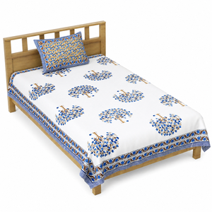 Heritage <b>Single</b> Cotton <b>Bedsheet</b> Blue Floral Tree Hand Block Print with Pillow Cover for Hotel Home Bedding - Product Image 3