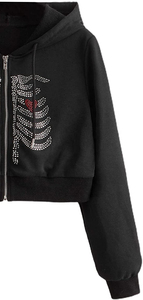 Custom Women's Rhinestone <b>Zip</b> <b>Up</b> Hoodie Black Skeleton Rib Cage Crystal <b>Cropped</b> Hoodie Full <b>Zip</b> Streetwear Wholesale OEM - Product Image 5