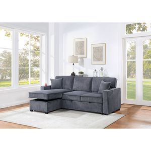 Divano Letto Sezionale Convertibile Grigio Scuro con Chaise Longue Reversibile in Corduroy, Contenitore e Letto Estraibile, 2 Cuscini, Arredamento Soggiorno - Product Image 4