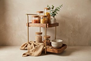 Bamboo Double Tier Storage Rack Metal Frame Modern Minimalist Style Living Room Standing Type Durable Multifunction Neatening - Product Image 3