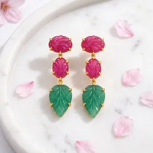 Pendientes Colgantes de Moda con Diseño de Hoja Tallada, de Jade Rosa y Verde Natural, Chapados en Oro de 18k, de Latón Antideslustre, Románticos para Fiesta - Product Image 2