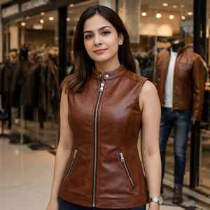 Chaleco de Piel de Cordero para Mujer, Estilo Motero, Cierre de Botones, Chaqueta de Motocicleta, Prenda Exterior de Cuero Genuino, Elegante y Clásica - Product Image 5