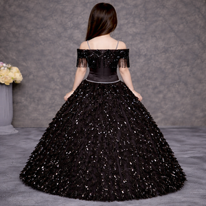 ชุดราตรีปักเลื่อมสีดำแบบเปิดไหล่สำหรับเด็กผู้หญิง |   ชุดเดรสวันเกิดดีไซน์หรูหราประดับพู่ระยิบระยับ |   แบรนด์ OEM - Product Image 4
