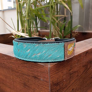 100% Natural Hair on Metallic Cowhide Branded Dog Collar Hand Tooled Western <b>Padded</b> Collar Engraved Genuine Leather Pet Collar - Product Image 2