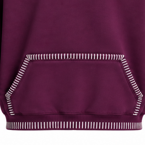 Plum Stitched Border Distressed Pullover <b>Hoodie</b> Heavyweight <b>Oversized</b> Contrast <b>Stitch</b> Pocket Casual Streetwear Winter - Product Image 6
